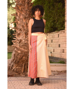 Striped Champagne Gold & Multicolored Silk and Cotton Loom Woven Long Wrap Skirt handmade in Egypt & available at Jozee Boutique.