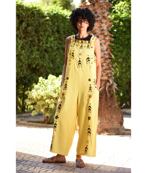 Yellow Siwa Embroidered Linen Jumpsuit Handmade in Egypt & available at Jozee Boutique