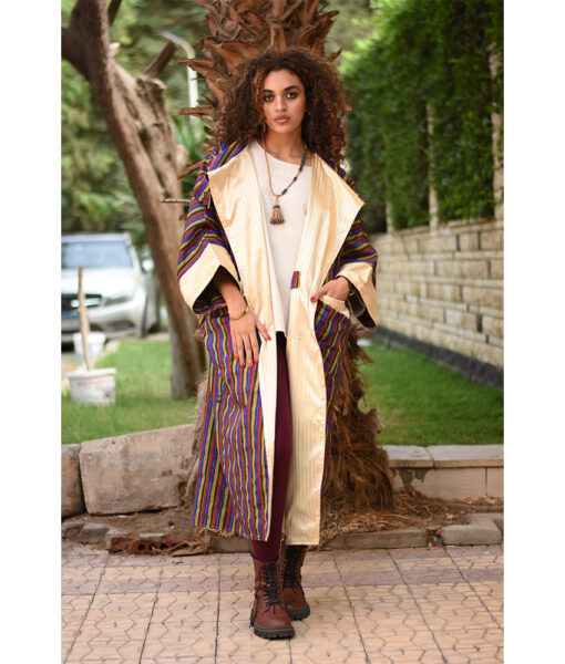 Champagne Gold & Multicolored Long Double-Faced Jacket handmade in Egypt & available at Jozee Boutique.