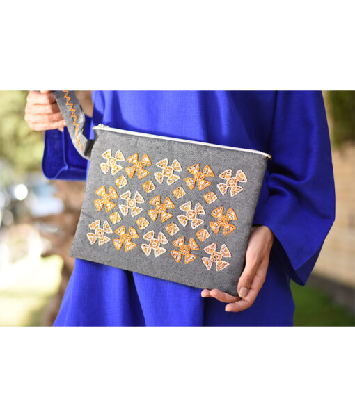 Grey Embroidered Clutch handmade in Egypt & available at Jozee Boutique.