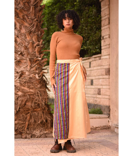 Multicolored & Gold Silk and Cotton Loom Woven Long Wrap Skirt handmade in Egypt & available at Jozee Boutique.