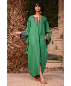 Green Linen Kaftan with Silk & Cotton Loom Woven Patches handmade in Egypt & available at Jozee Boutique.