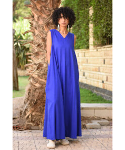 Electric Blue Linen V-Neck Dress made in Egypt & available in Jozee boutique