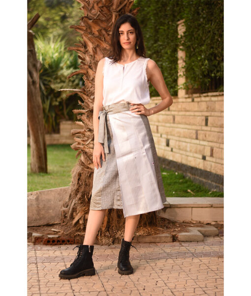 Shades of Grey Silk and Cotton Loom Woven Midi Wrap Skirt handmade in Egypt & available at Jozee Boutique.