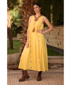 Yellow Siwa Embroidered  Linen V-Neck Dress handmade in Egypt & available at Jozee Boutique.