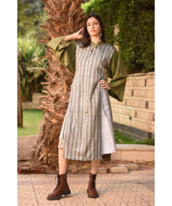 Army Green & Silver Silk & Cotton Loom Woven Long Sleeve Tunic handmade in Egypt & available at Jozee Boutique.