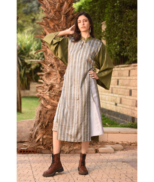 Army Green & Silver Silk & Cotton Loom Woven Long Sleeve Tunic handmade in Egypt & available at Jozee Boutique.