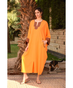 Orange Linen Kaftan with Silk & Cotton Loom Woven Patches handmade in Egypt & available at Jozee Boutique.