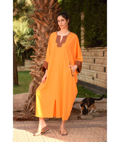 Orange Linen Kaftan with Silk & Cotton Loom Woven Patches handmade in Egypt & available at Jozee Boutique.