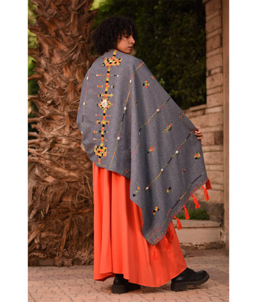 Grey Thin Wool Siwa Embroidered Shawl Handmade in Egypt & available at Jozee Boutique