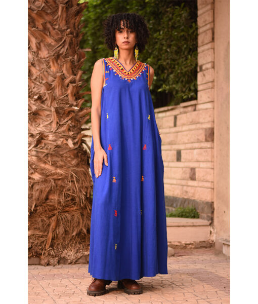 Electric Blue Siwa Embroidered  Linen V-Neck Dress handmade in Egypt & available at Jozee Boutique.