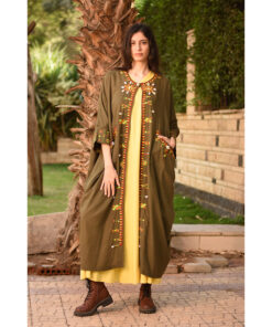 Army Green Siwa Embroidered Handwoven Linen Cardigan handmade in Egypt & available at Jozee Boutique.