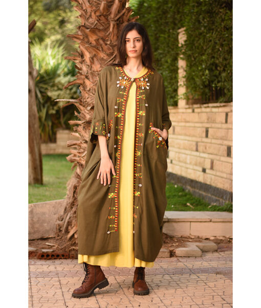 Army Green Siwa Embroidered Handwoven Linen Cardigan handmade in Egypt & available at Jozee Boutique.