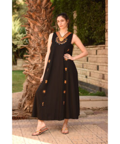 Black Siwa Embroidered  Linen V-Neck Dress handmade in Egypt & available at Jozee Boutique.