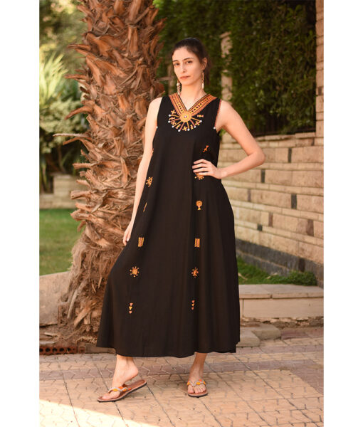 Black Siwa Embroidered  Linen V-Neck Dress handmade in Egypt & available at Jozee Boutique.