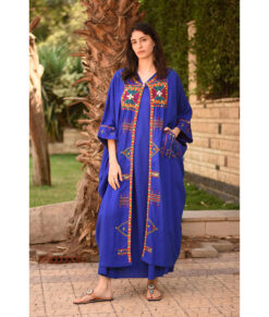 Electric Blue Siwa Embroidered Handwoven Linen Cardigan handmade in Egypt & available at Jozee Boutique.