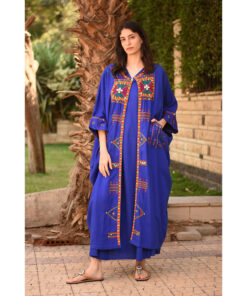 Electric Blue Siwa Embroidered Handwoven Linen Cardigan handmade in Egypt & available at Jozee Boutique.