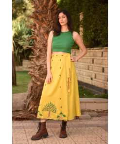 Yellow Siwa Embroidered Linen Wrap Skirt handmade in Egypt & available at Jozee Boutique.