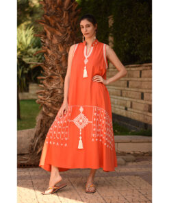 Orange Siwa Embroidered Linen Japanese Dress handmade in Egypt & available at Jozee Boutique.