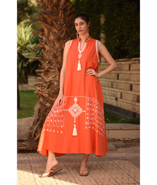 Orange Siwa Embroidered Linen Japanese Dress handmade in Egypt & available at Jozee Boutique.