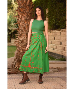 Green Siwa Embroidered Linen Wrap Skirt handmade in Egypt & available at Jozee Boutique.