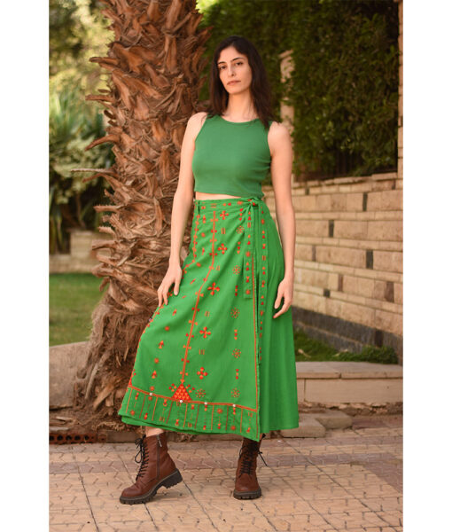 Green Siwa Embroidered Linen Wrap Skirt handmade in Egypt & available at Jozee Boutique.