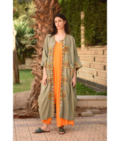 Olive Green Siwa Embroidered Handwoven Linen Cardigan handmade in Egypt & available at Jozee Boutique.