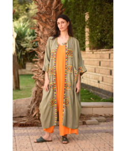 Olive Green Siwa Embroidered Handwoven Linen Cardigan handmade in Egypt & available at Jozee Boutique.