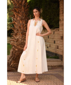 White Siwa Embroidered  Linen V-Neck Dress handmade in Egypt & available at Jozee Boutique.