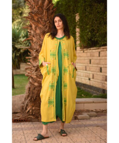 Yellow Siwa Embroidered Handwoven Linen Cardigan handmade in Egypt & available at Jozee Boutique.