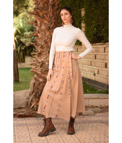 Dark Beige Siwa Embroidered Linen Wrap Skirt handmade in Egypt & available at Jozee Boutique.