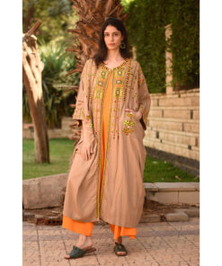 Dark Beige Siwa Embroidered Handwoven Linen Cardigan handmade in Egypt & available at Jozee Boutique.