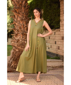 Olive Green Embroidered  Linen V-Neck Dress handmade in Egypt & available at Jozee Boutique.