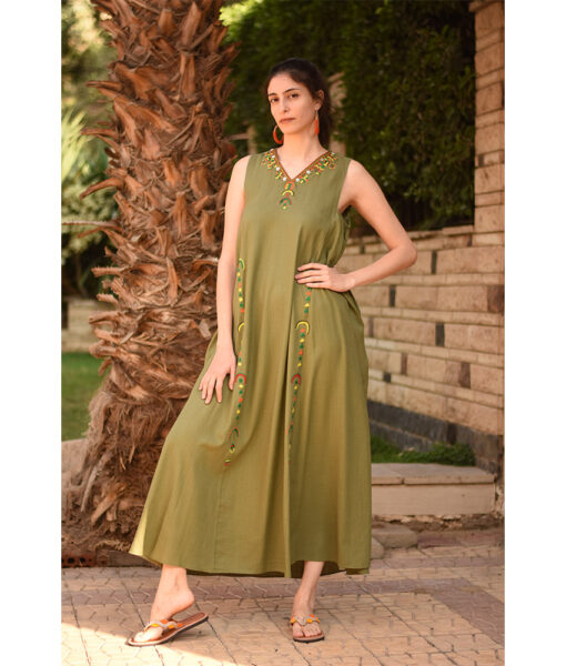 Olive Green Embroidered  Linen V-Neck Dress handmade in Egypt & available at Jozee Boutique.