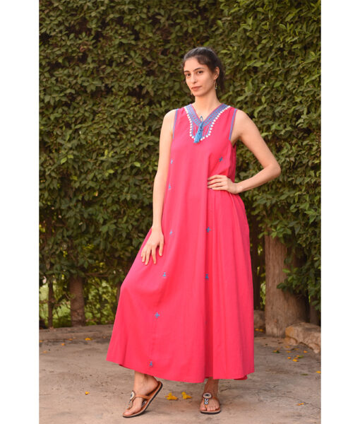 Fuchsia Siwa Embroidered  Linen V-Neck Dress handmade in Egypt & available at Jozee Boutique.