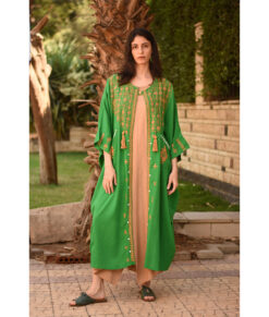 Green Siwa Embroidered Handwoven Linen Cardigan handmade in Egypt & available at Jozee Boutique.