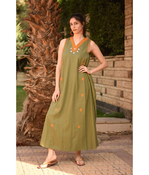 Olive Green Embroidered  Linen V-Neck Dress handmade in Egypt & available at Jozee Boutique.