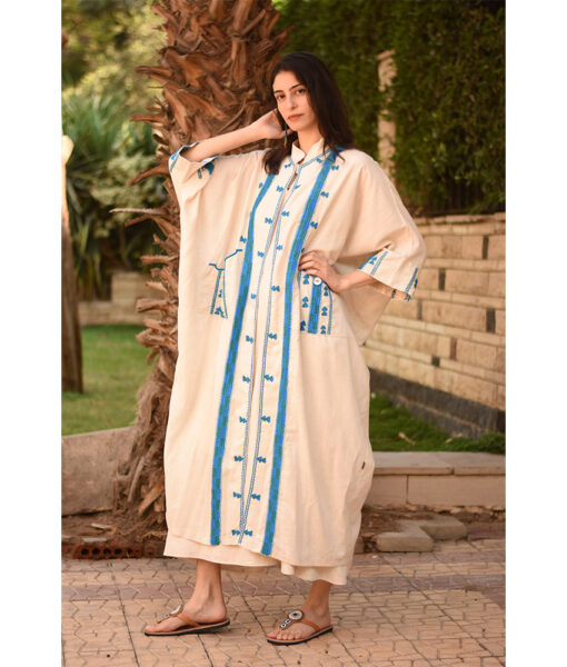 Beige Siwa Embroidered Handwoven Linen Cardigan handmade in Egypt & available at Jozee Boutique.