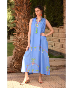 Denim Blue Siwa Embroidered Linen Japanese Dress handmade in Egypt & available at Jozee Boutique.