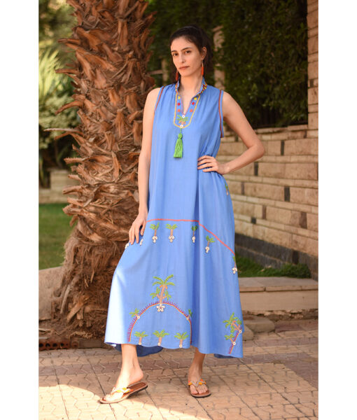 Denim Blue Siwa Embroidered Linen Japanese Dress handmade in Egypt & available at Jozee Boutique.