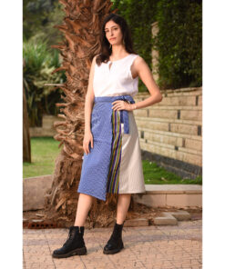 Silver & Blue Silk and Cotton Loom Woven Midi Wrap Skirt handmade in Egypt & available at Jozee Boutique.