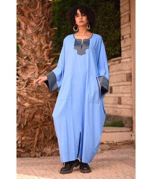 Baby blue Linen Kaftan with Silk & Cotton Loom Woven Patches handmade in Egypt & available at Jozee Boutique.