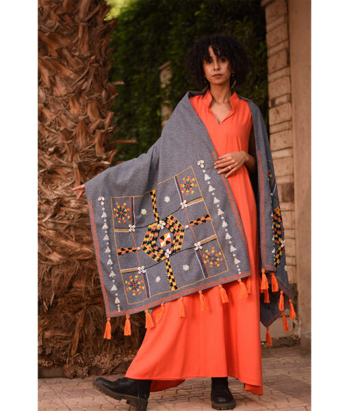 Grey Thin Wool Siwa Embroidered Shawl Handmade in Egypt & available at Jozee Boutique