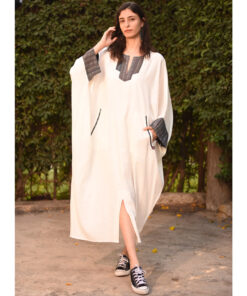 White Linen Kaftan with Silk & Cotton Loom Woven Patches handmade in Egypt & available at Jozee Boutique.