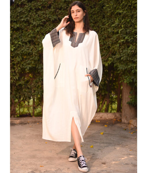 White Linen Kaftan with Silk & Cotton Loom Woven Patches handmade in Egypt & available at Jozee Boutique.