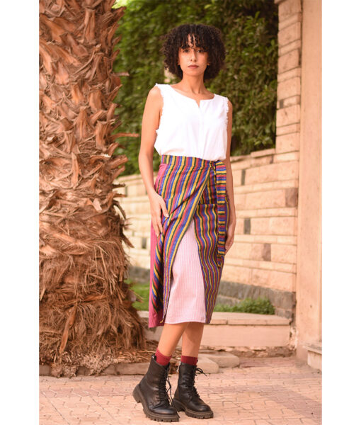 Shades of Pink & Multicolored Silk and Cotton Loom Woven Midi Wrap Skirt handmade in Egypt & available at Jozee Boutique.