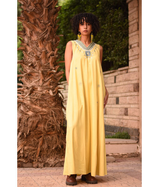 Yellow Siwa Embroidered  Linen V-Neck Dress handmade in Egypt & available at Jozee Boutique.