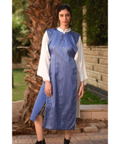 Blue & Silver Silk & Cotton Loom Woven Long Sleeve Tunic handmade in Egypt & available at Jozee Boutique.