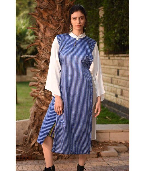 Blue & Silver Silk & Cotton Loom Woven Long Sleeve Tunic handmade in Egypt & available at Jozee Boutique.