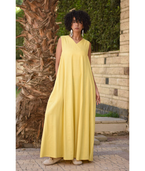 Yellow Linen V-Neck Dress made in Egypt & available in Jozee boutique